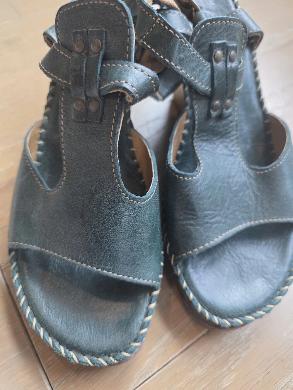 Comfort Leather Teal Wedge Sandals with Adjustable Straps